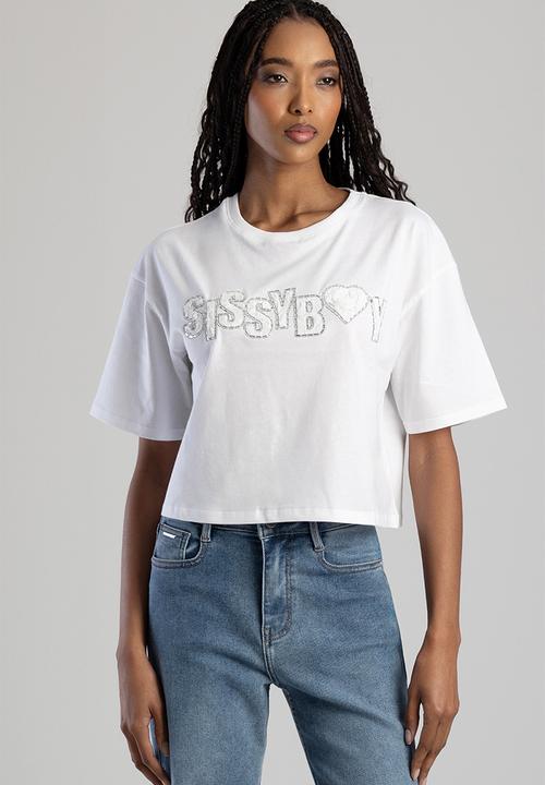 SISSY BOY - Call Me Yours: Boxy Top With Textured Bling Logo - White