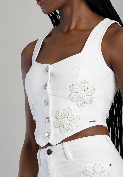 SISSY BOY - Denim Waistcoat With Floral Applique - White