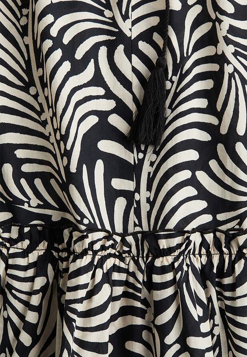 H&M - Flounced tie-belt dress - black/cream patterned