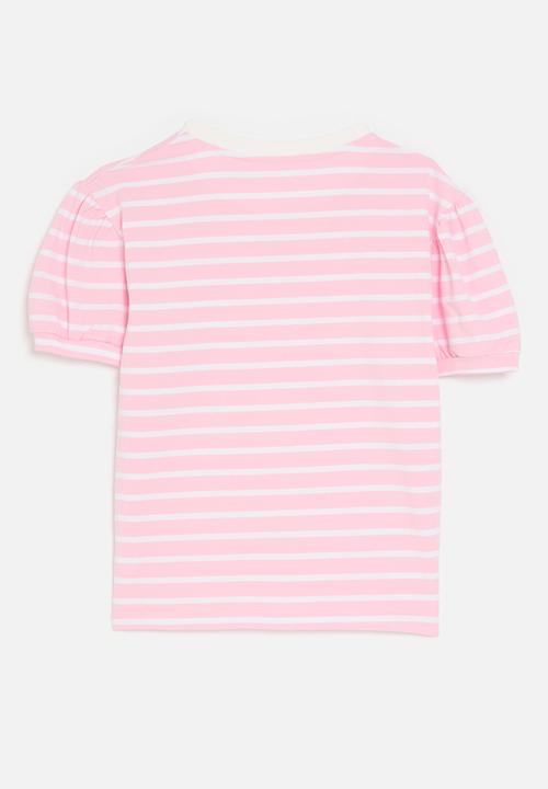 Pop Candy - Heart embroidered puff sleeve tee - pink stripes/white