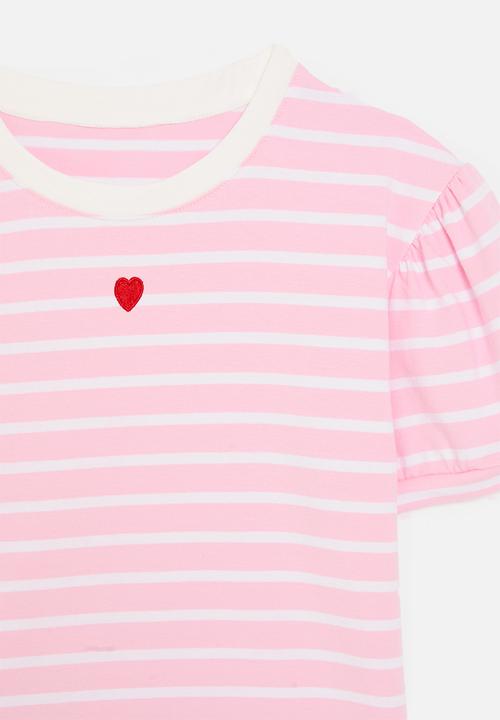 Pop Candy - Heart embroidered puff sleeve tee - pink stripes/white