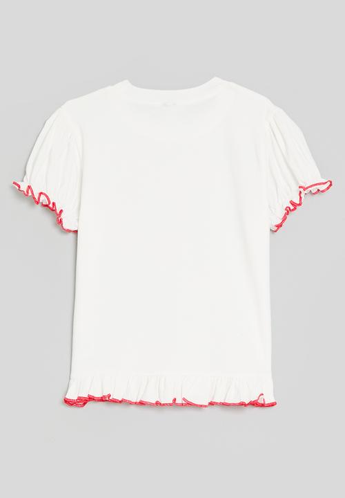 Pop Candy - Lettuce hem tee with bow placement print - white/red/you're invited