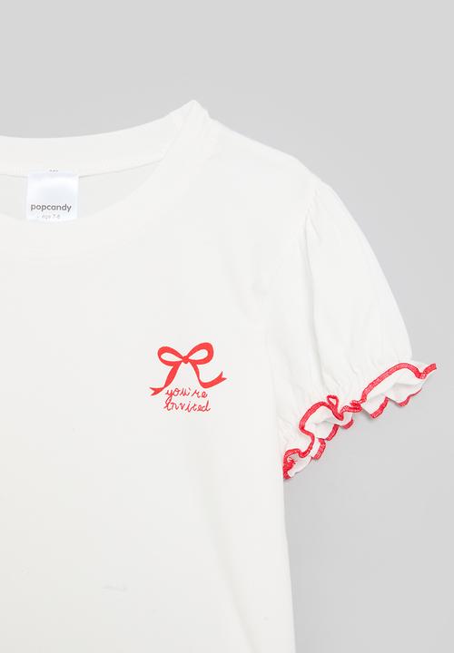 Pop Candy - Lettuce hem tee with bow placement print - white/red/you're invited