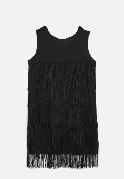 Pop Candy - 2 piece fringed shift dress with feather bandeau - black