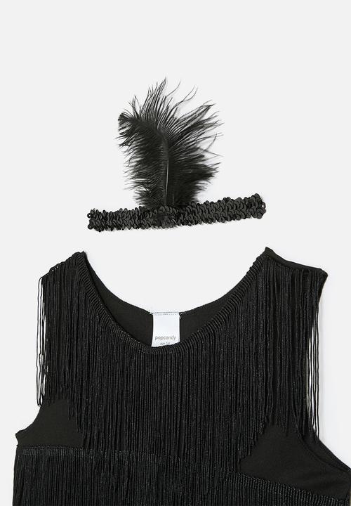 Pop Candy - 2 piece fringed shift dress with feather bandeau - black