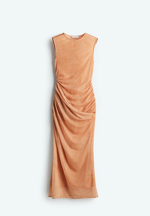 H&M - Draped mesh dress - beige/snakeskin-patterned
