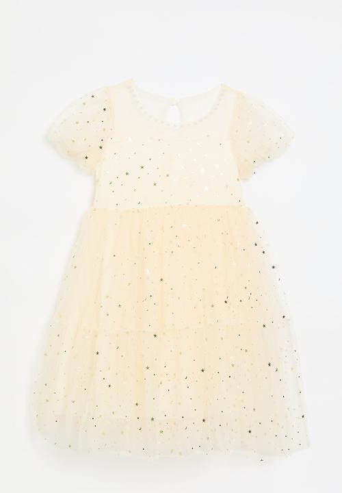 Pop Candy - Star mesh dress with pearl beaded neckline - ecru
