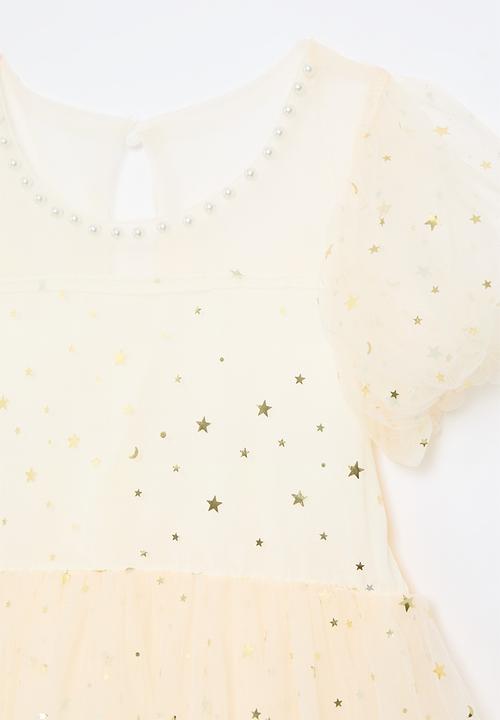 Pop Candy - Star mesh dress with pearl beaded neckline - ecru