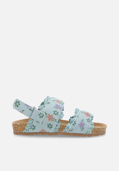 Pop Candy - Floral printed sandals with lace frill edges - blue