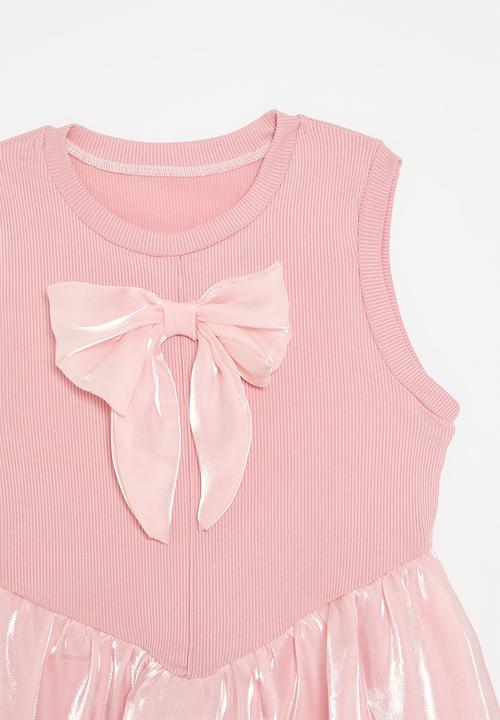 Pop Candy - Basque waistline bubble dress with bow feature - soft pink/shimmer