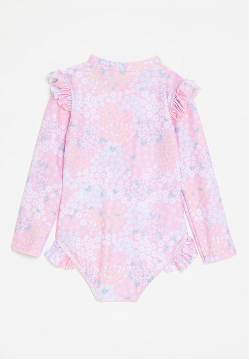 Pop Candy - Long sleeved swimsuit with shoulder & hip frills - pink/floral multi