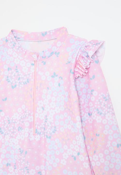 Pop Candy - Long sleeved swimsuit with shoulder & hip frills - pink/floral multi
