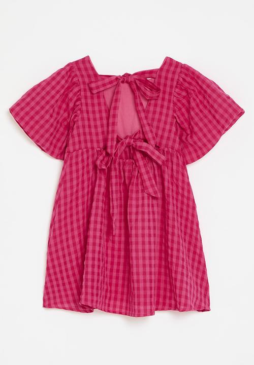 Pop Candy - Batwing sleeve dress with back ties - dark pink gingham