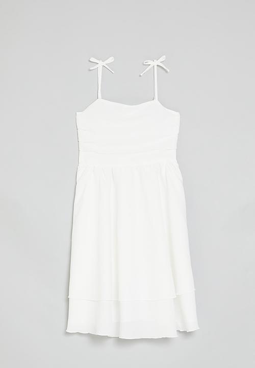 Pop Candy - Shoulder tie strap dress with layered skirt - white
