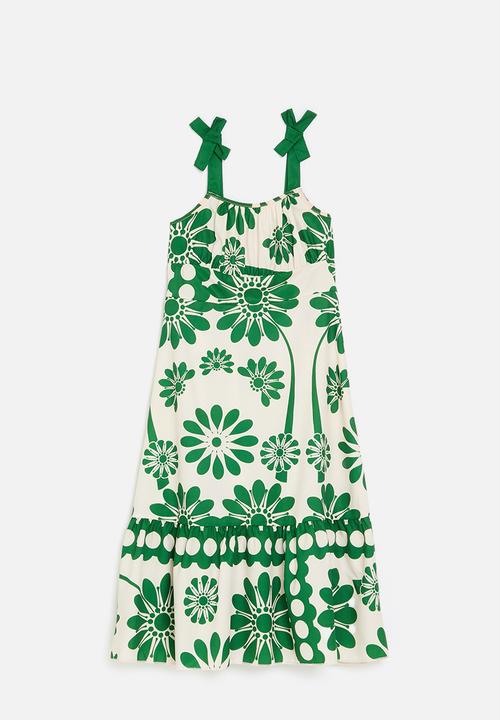 Pop Candy - Floral printed dress with gathered frill hem - ecru/green