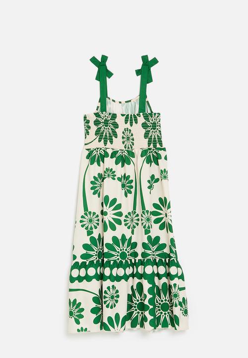 Pop Candy - Floral printed dress with gathered frill hem - ecru/green