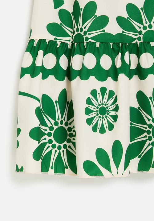 Pop Candy - Floral printed dress with gathered frill hem - ecru/green