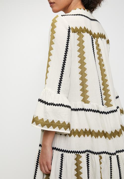 Izabel London - Key Hole 2 Tier Midi Dress with zig zag detail in the fabric - Beige