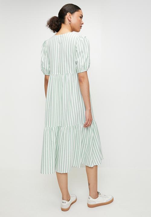 Izabel London - V-neck stripe Maxi Dress with Tiers - White & Green Stripe