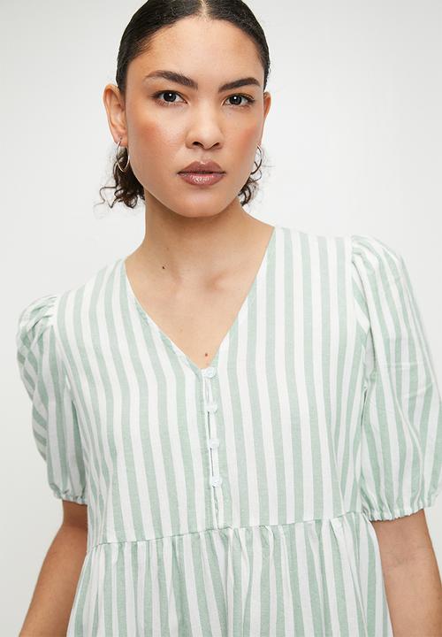 Izabel London - V-neck stripe Maxi Dress with Tiers - White & Green Stripe