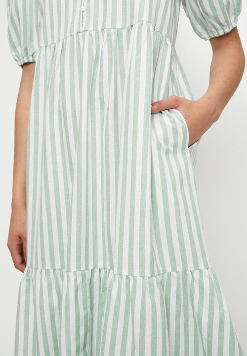 Izabel London - V-neck stripe Maxi Dress with Tiers - White & Green Stripe
