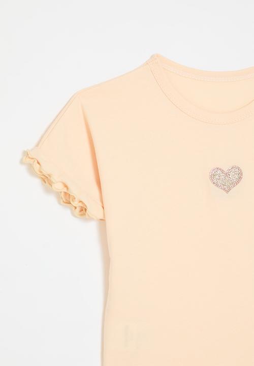 Pop Candy - Lettuce sleeve heart print tee - pale apricot
