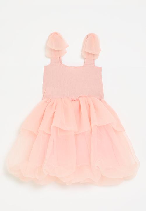 Pop Candy - Tiered bubble dress with smocked cotton top & tulle skirt - pink peach