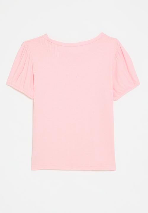 Pop Candy - Puff sleeve bow graphic tee - pink