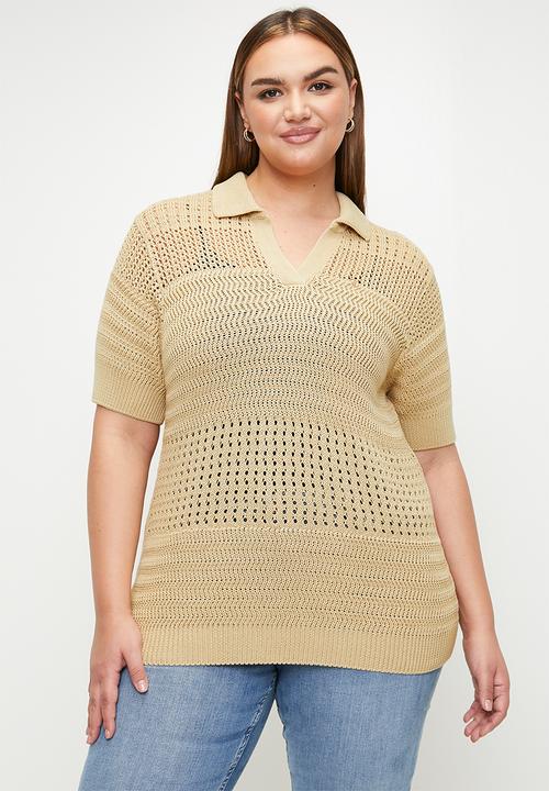 POLO - Plus wmn chelsea short sleeve knitted golfer - stone