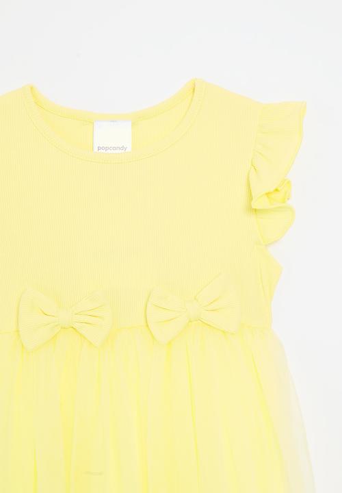 Pop Candy - Rib knit & tulle combo dress with bows - lemon yellow