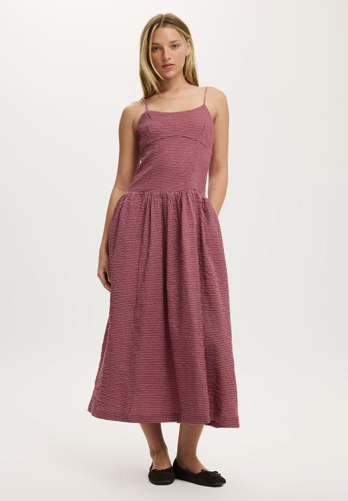 Alexis seamed midi dress - burgundy pink check
