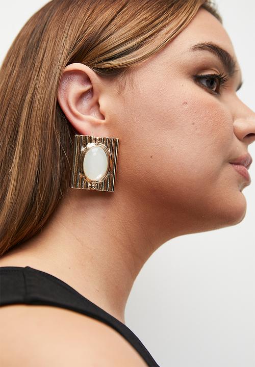 Tessa Design - Grace statement square earring with oval stone - gold