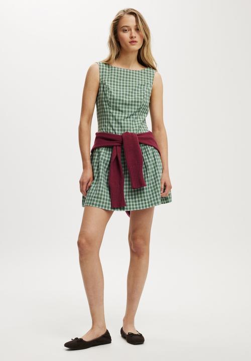Cotton On - Mikki drop hem mini dress - greta check frosted green