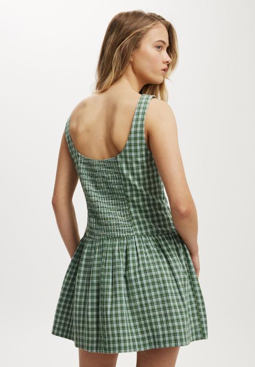 Cotton On - Mikki drop hem mini dress - greta check frosted green