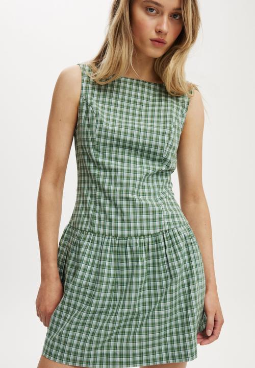 Cotton On - Mikki drop hem mini dress - greta check frosted green