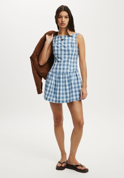 Cotton On - Mikki drop hem mini dress - Bailey Check Duck Egg Blue