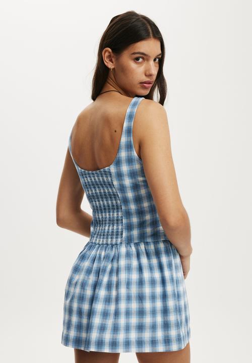 Cotton On - Mikki drop hem mini dress - Bailey Check Duck Egg Blue