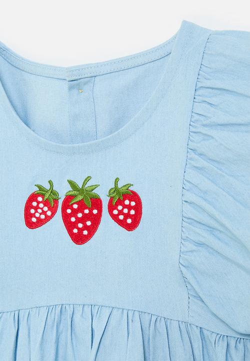 Pop Candy - Grown-on puff sleeve dress with embroidered strawberries - light blue