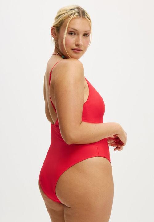 Cotton On - Thin Strap V Neck One Piece Cheeky - Tomato Shimmer