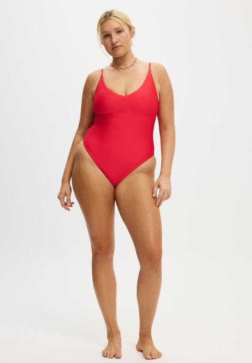 Cotton On - Thin Strap V Neck One Piece Cheeky - Tomato Shimmer