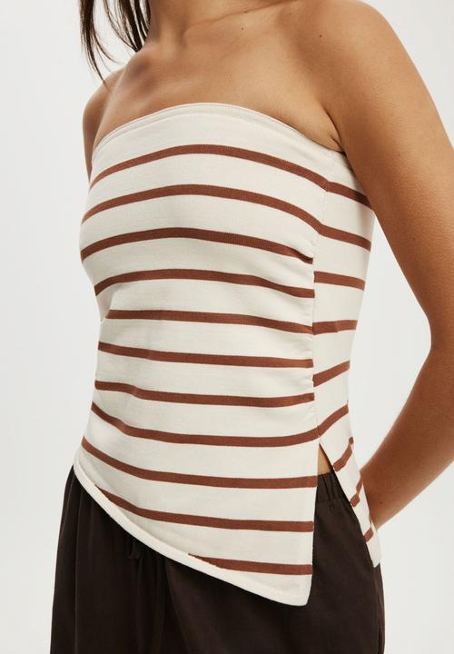 Cotton On - Asymmetric ruched bandeau - coconut dark oak stripe
