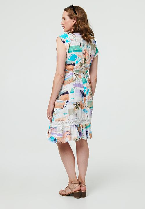Stella Morgan - Cap Sleeve Flutter V-Neck A-Line Midi Dress Button Through Detail - Multi White
