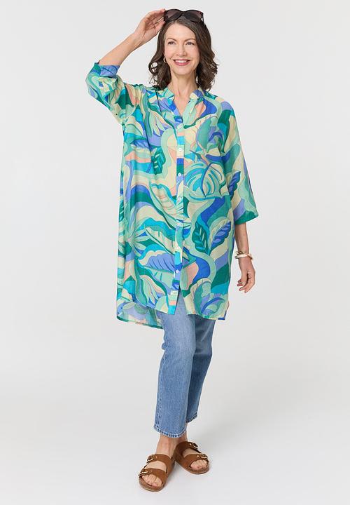 Stella Morgan - Half Sleeve Mandarin Collar Sheer Shirt Dress Button Through - Green