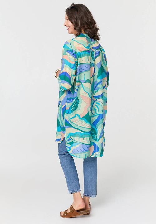 Stella Morgan - Half Sleeve Mandarin Collar Sheer Shirt Dress Button Through - Green