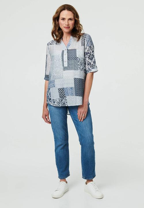 Izabel London - Half Sleeve Half Placket Patchwork Blouse - Blue