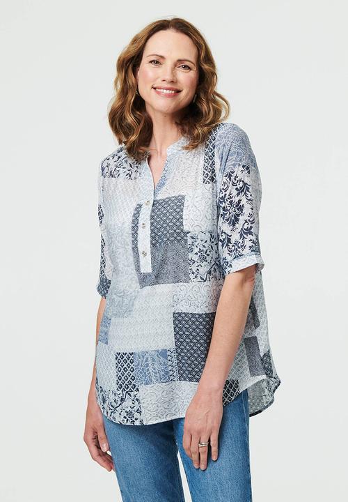 Izabel London - Half Sleeve Half Placket Patchwork Blouse - Blue