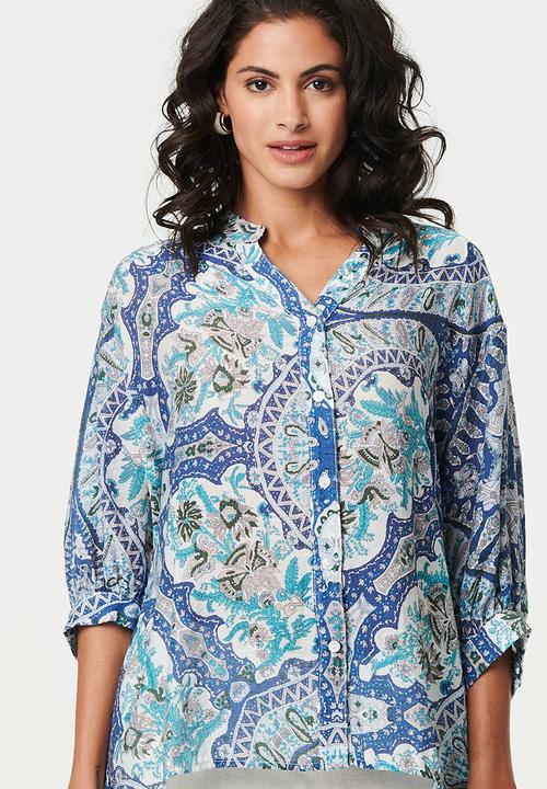 Stella Morgan - Oversized Easy Wearing Batwing Floral Print Blouse - Multi Blue