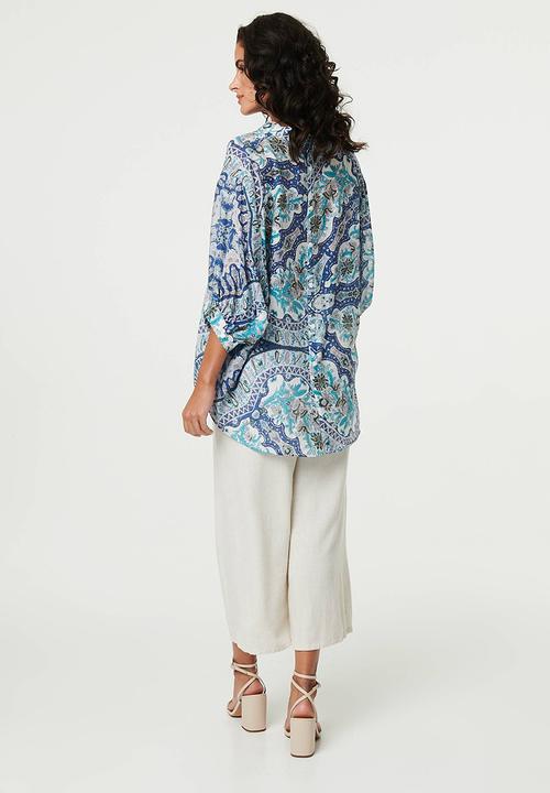 Stella Morgan - Oversized Easy Wearing Batwing Floral Print Blouse - Multi Blue