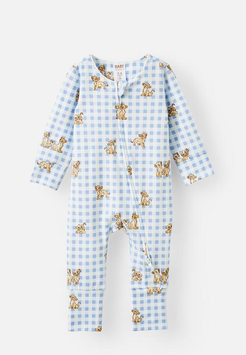Cotton On - The long sleeve zip romper license - lcn dis dawn blue/simba & nala check