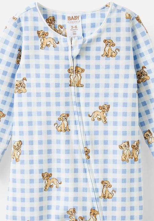 Cotton On - The long sleeve zip romper license - lcn dis dawn blue/simba & nala check